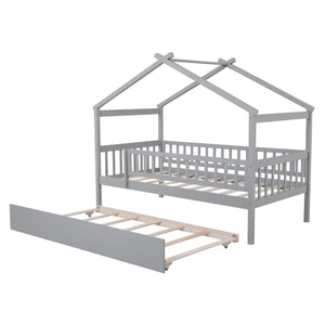 HomeRoots Gray Wood Twin Bed Frame with Trundle - Stylish, Space-Saving Design Perfect for Kids & Guests! 606979