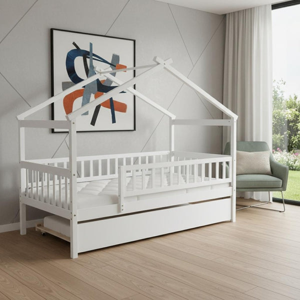 HomeRoots White Wood Twin Bed Frame with Rolling Trundle - Space-Saving Design for Kids & Guest Rooms, Durable! 606980