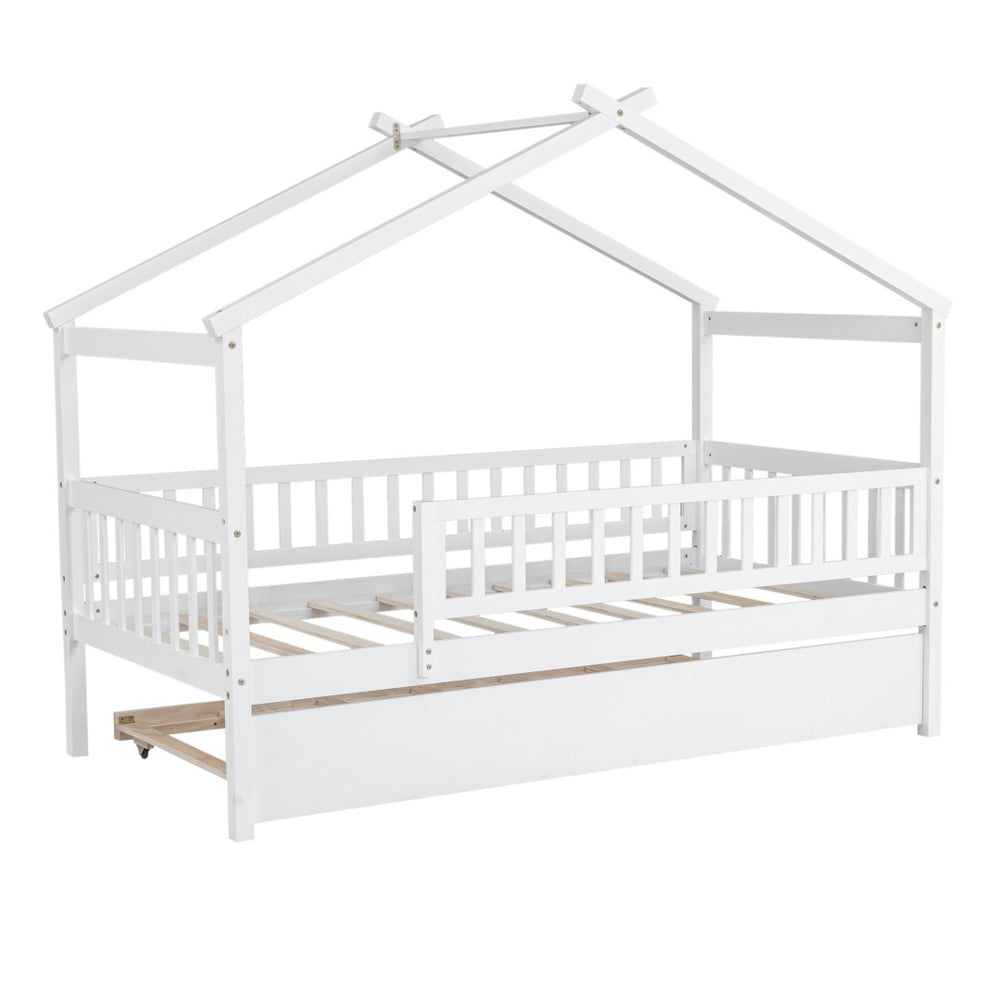 HomeRoots White Wood Twin Bed Frame with Rolling Trundle - Space-Saving Design for Kids & Guest Rooms, Durable! 606980