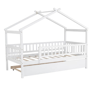 HomeRoots White Wood Twin Bed Frame with Rolling Trundle - Space-Saving Design for Kids & Guest Rooms, Durable! 606980