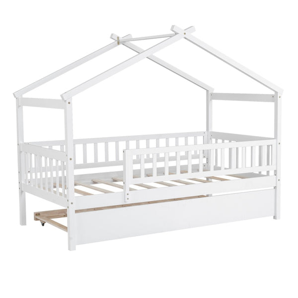 HomeRoots White Wood Twin Bed Frame with Rolling Trundle - Space-Saving Design for Kids & Guest Rooms, Durable! 606980