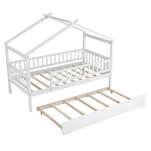 HomeRoots White Wood Twin Bed Frame with Rolling Trundle - Space-Saving Design for Kids & Guest Rooms, Durable! 606980