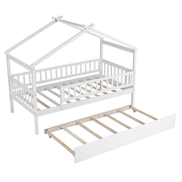 HomeRoots White Wood Twin Bed Frame with Rolling Trundle - Space-Saving Design for Kids & Guest Rooms, Durable! 606980