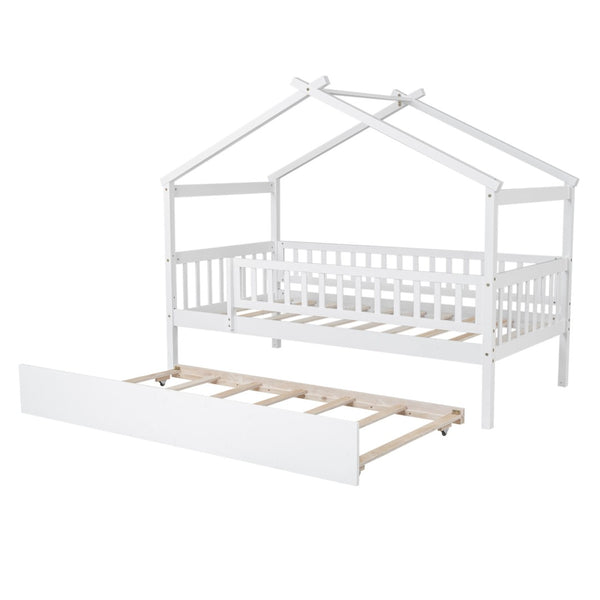 HomeRoots White Wood Twin Bed Frame with Rolling Trundle - Space-Saving Design for Kids & Guest Rooms, Durable! 606980