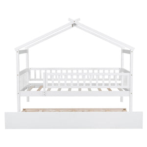 HomeRoots White Wood Twin Bed Frame with Rolling Trundle - Space-Saving Design for Kids & Guest Rooms, Durable! 606980