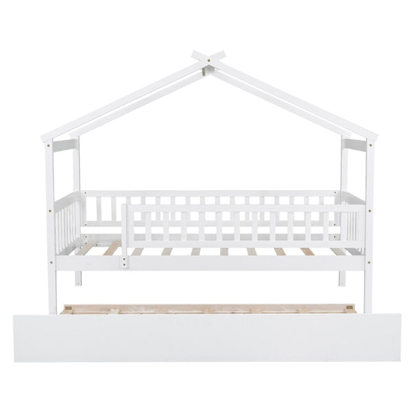 HomeRoots White Wood Twin Bed Frame with Rolling Trundle - Space-Saving Design for Kids & Guest Rooms, Durable! 606980