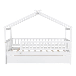 HomeRoots White Wood Twin Bed Frame with Rolling Trundle - Space-Saving Design for Kids & Guest Rooms, Durable! 606980