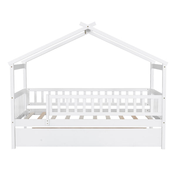 HomeRoots White Wood Twin Bed Frame with Rolling Trundle - Space-Saving Design for Kids & Guest Rooms, Durable! 606980