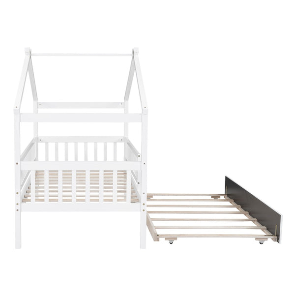 HomeRoots White Wood Twin Bed Frame with Rolling Trundle - Space-Saving Design for Kids & Guest Rooms, Durable! 606980