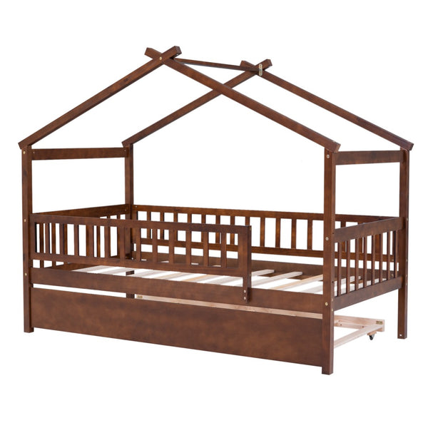 HomeRoots Walnut Twin Bed Frame with Trundle - Stylish, Space-Saving Design for Kids & Guest Rooms, Durable Wood 606981
