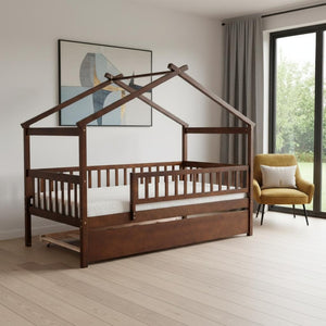 HomeRoots Walnut Twin Bed Frame with Trundle - Stylish, Space-Saving Design for Kids & Guest Rooms, Durable Wood 606981