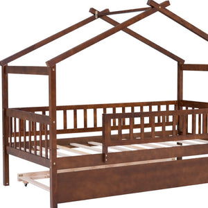 HomeRoots Walnut Twin Bed Frame with Trundle - Stylish, Space-Saving Design for Kids & Guest Rooms, Durable Wood 606981