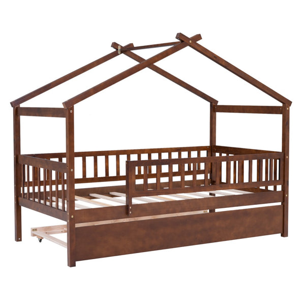 HomeRoots Walnut Twin Bed Frame with Trundle - Stylish, Space-Saving Design for Kids & Guest Rooms, Durable Wood 606981
