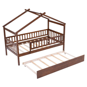 HomeRoots Walnut Twin Bed Frame with Trundle - Stylish, Space-Saving Design for Kids & Guest Rooms, Durable Wood 606981