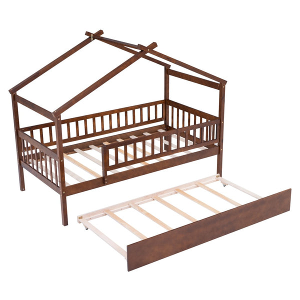 HomeRoots Walnut Twin Bed Frame with Trundle - Stylish, Space-Saving Design for Kids & Guest Rooms, Durable Wood 606981