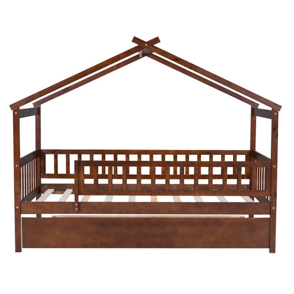 HomeRoots Walnut Twin Bed Frame with Trundle - Stylish, Space-Saving Design for Kids & Guest Rooms, Durable Wood 606981