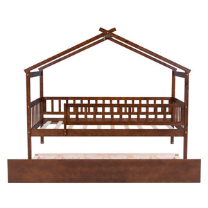HomeRoots Walnut Twin Bed Frame with Trundle - Stylish, Space-Saving Design for Kids & Guest Rooms, Durable Wood 606981