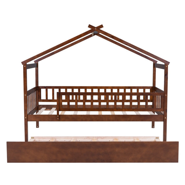 HomeRoots Walnut Twin Bed Frame with Trundle - Stylish, Space-Saving Design for Kids & Guest Rooms, Durable Wood 606981