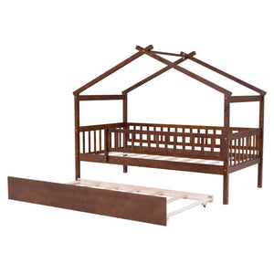 HomeRoots Walnut Twin Bed Frame with Trundle - Stylish, Space-Saving Design for Kids & Guest Rooms, Durable Wood 606981