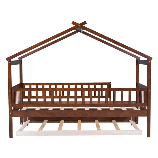 HomeRoots Walnut Twin Bed Frame with Trundle - Stylish, Space-Saving Design for Kids & Guest Rooms, Durable Wood 606981
