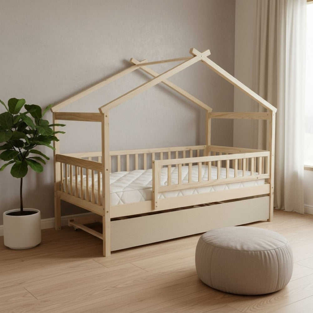 HomeRoots Natural Wood Twin Bed Frame with Trundle - Space-Saving Design for Stylish Kids' Rooms & Guest Areas 606982