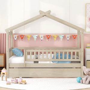 HomeRoots Natural Wood Twin Bed Frame with Trundle - Space-Saving Design for Stylish Kids' Rooms & Guest Areas 606982