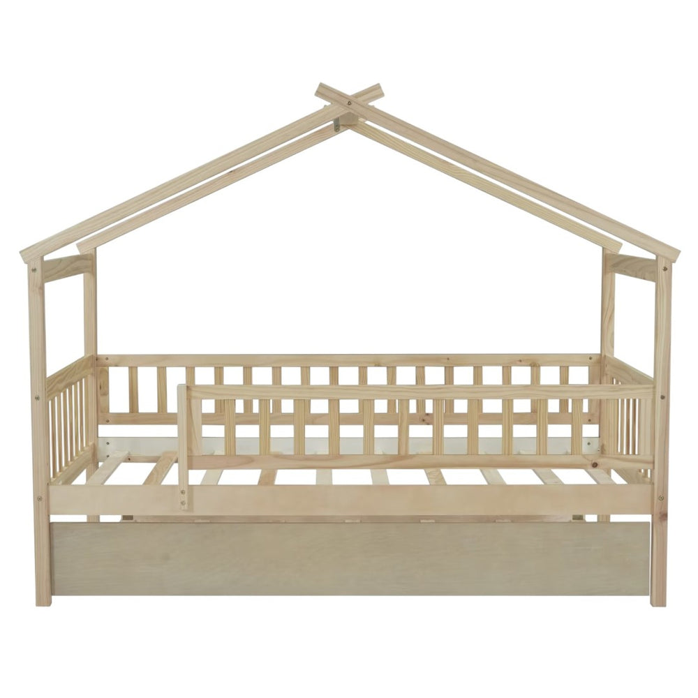 HomeRoots Natural Wood Twin Bed Frame with Trundle - Space-Saving Design for Stylish Kids' Rooms & Guest Areas 606982