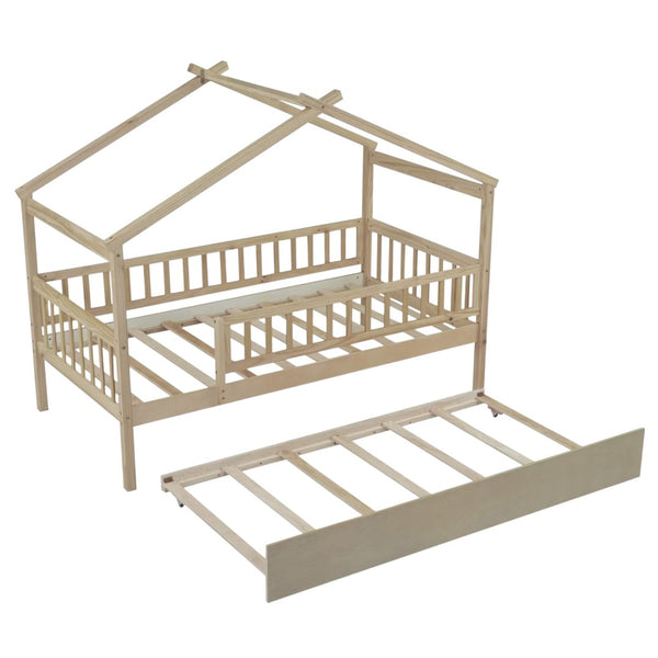 HomeRoots Natural Wood Twin Bed Frame with Trundle - Space-Saving Design for Stylish Kids' Rooms & Guest Areas 606982