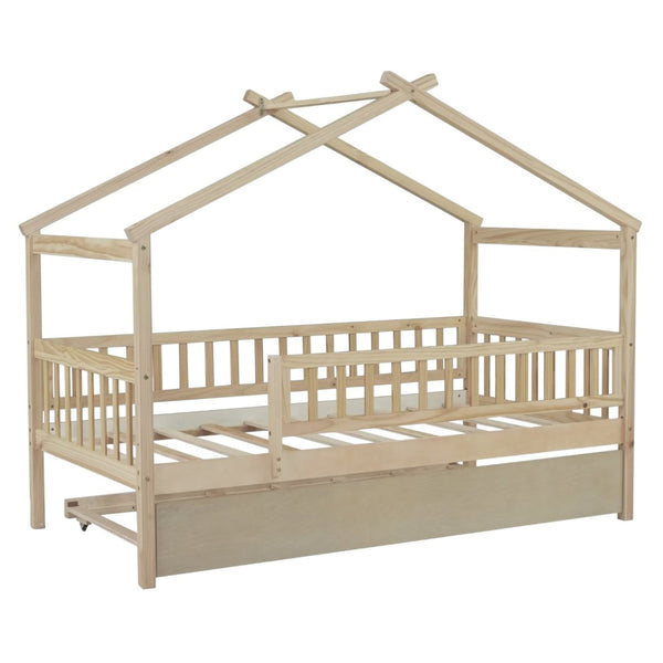 HomeRoots Natural Wood Twin Bed Frame with Trundle - Space-Saving Design for Stylish Kids' Rooms & Guest Areas 606982