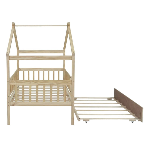 HomeRoots Natural Wood Twin Bed Frame with Trundle - Space-Saving Design for Stylish Kids' Rooms & Guest Areas 606982