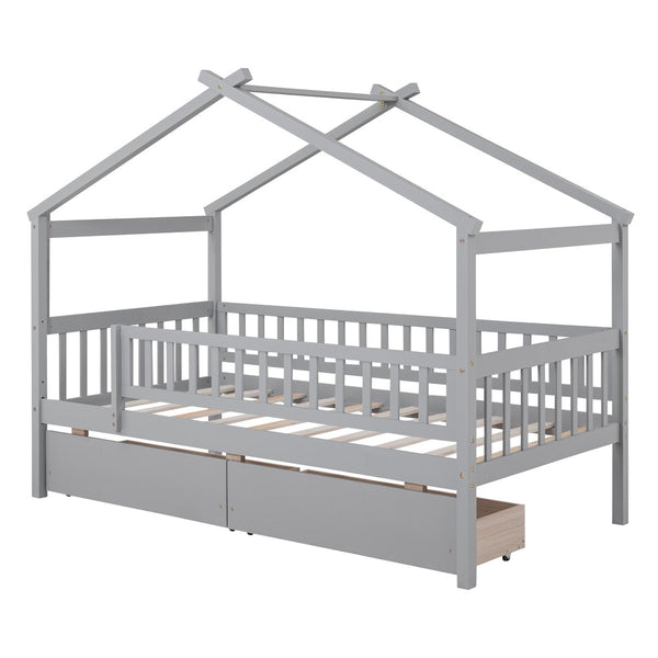 HomeRoots Gray Wood Twin Bed Frame - Modern Platform Design, Sturdy Support, Perfect for Cozy Bedrooms & Decor 606983