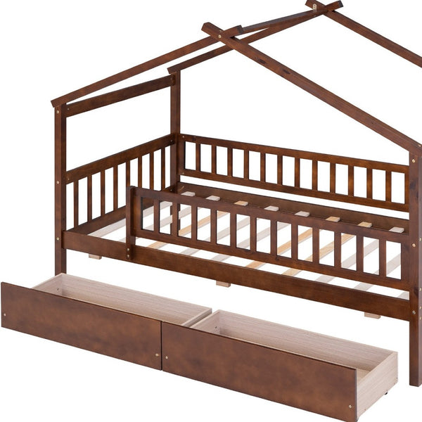 HomeRoots Walnut Wood Twin Bed Frame - Modern Minimalist Design with Sturdy Support for Cozy Sleep Spaces 606985