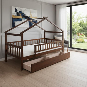 HomeRoots Walnut Wood Twin Bed Frame - Modern Minimalist Design with Sturdy Support for Cozy Sleep Spaces 606985
