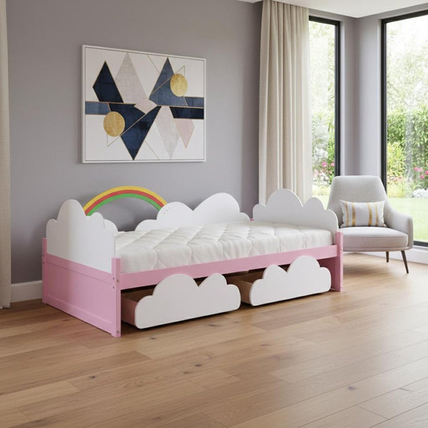HomeRoots Pink Twin Bed Frame - Stylish Wood Platform Design with Modern Aesthetic for Kids’ Rooms & Guests 606988