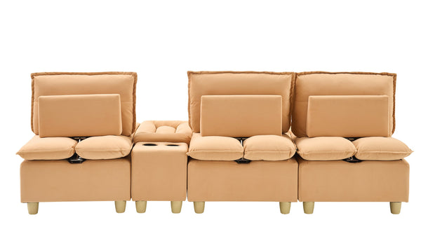 English Elm 104-inch pumpkin flannel three-seater sofa with storage cabinet, cup holders, adjustable backrest, comfy modern design Light Brown W1658S00095