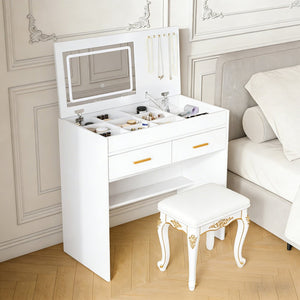 English Elm Flip Top Makeup Vanity Desk with Led Mirror Built-in Outlet and Jewelry Hooks W2699P404630