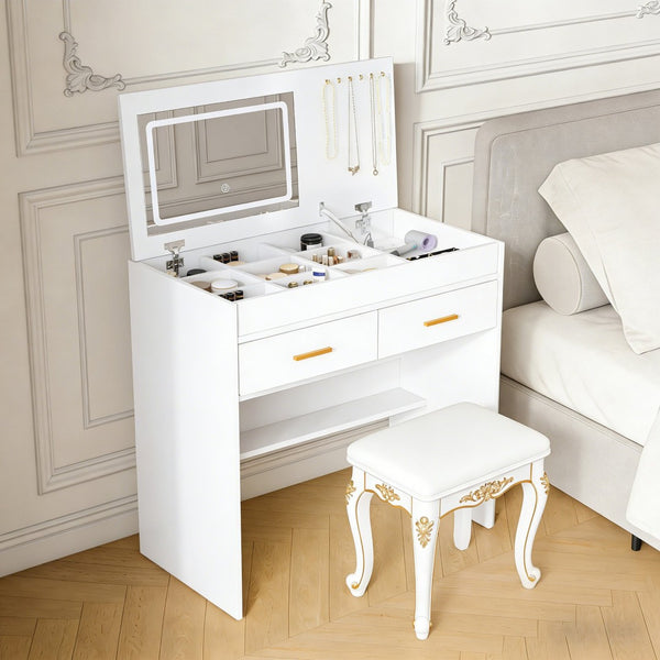English Elm Flip Top Makeup Vanity Desk with Led Mirror Built-in Outlet and Jewelry Hooks W2699P404630
