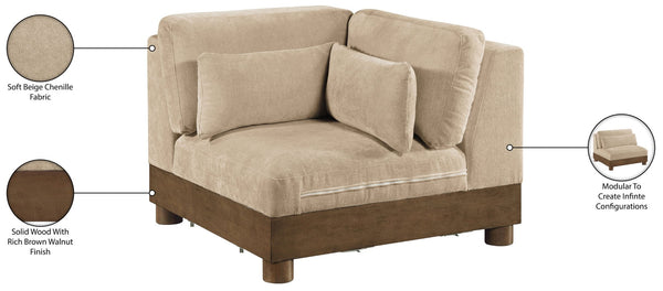 Meridian Furniture Turin Modular Corner Chair Art Deco Chenille Upholstery Low Profile Sectional Living Room Beige 606Beige-Corner