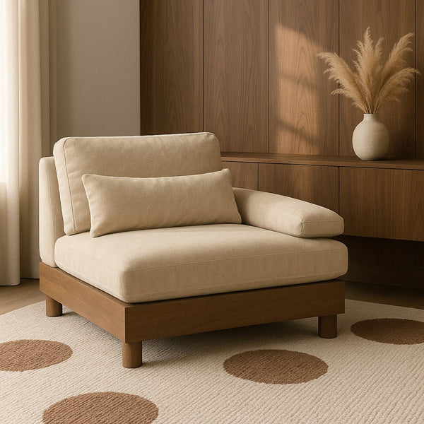 Meridian Furniture Turin Chenille Upholstered Modular Right Arm Chair Art Deco Low Profile Living Room Seat Beige 606 606Beige-RAF