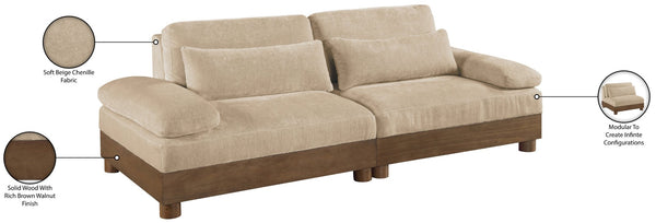 Meridian Furniture Turin Two Piece Modular Sofa Plush Chenille Upholstery Walnut Frame Living Room 606Beige-S2A