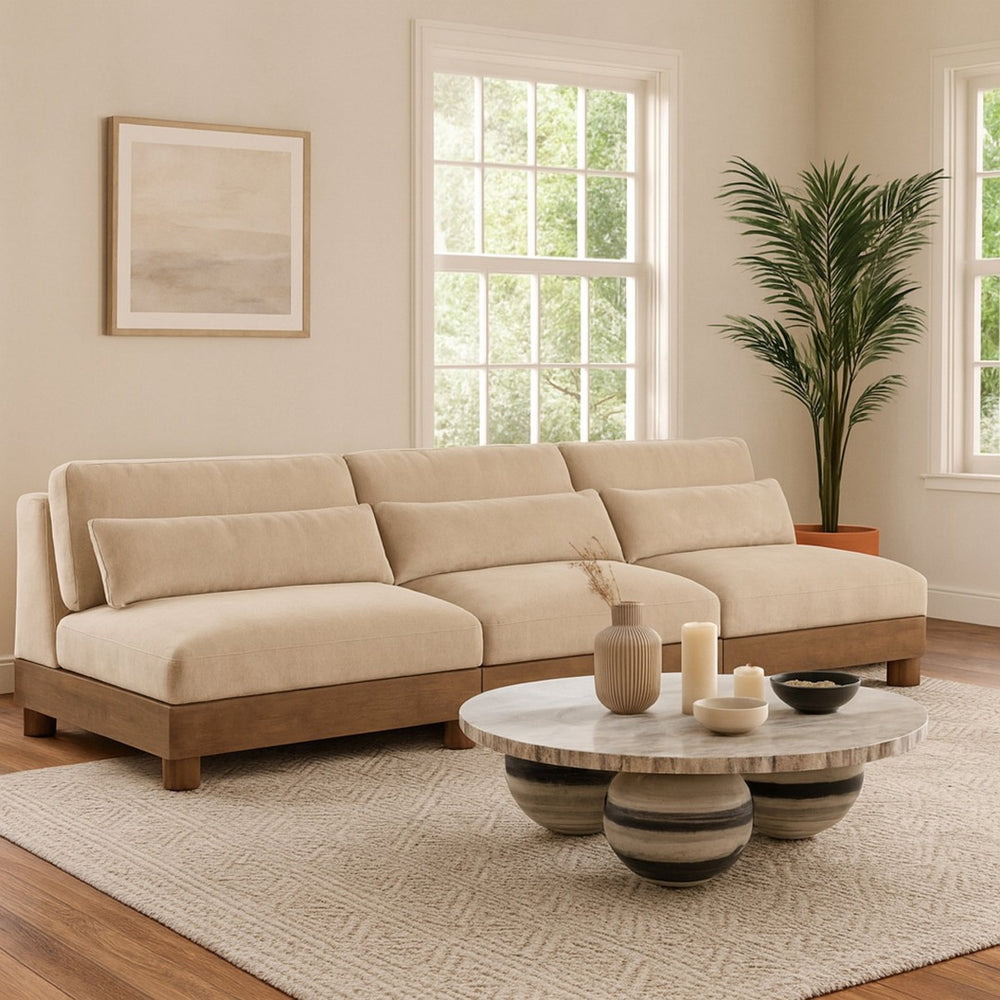 Meridian Furniture Turin Modular Sofa Plush Chenille Upholstery Art Deco Style Walnut Frame Living Room 606Beige-S3B