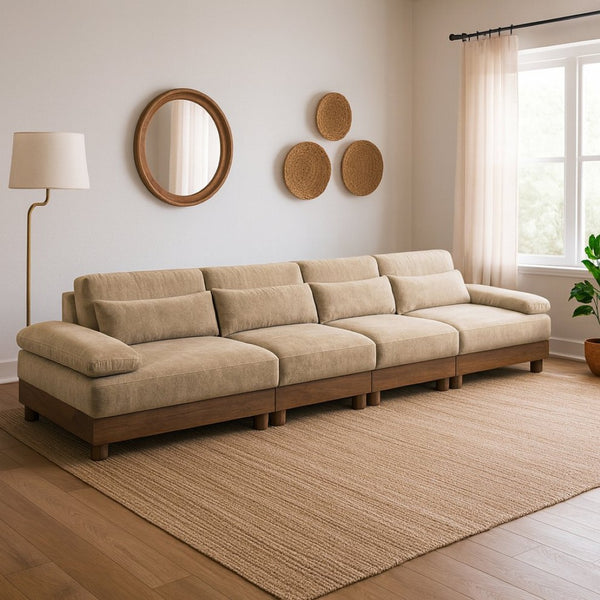 Meridian Furniture Turin Four Piece Modular Sectional Chenille Sofa with Walnut Legs for Living Room 606Beige-S4A