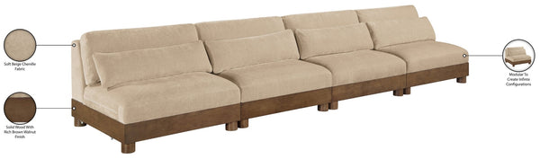 Meridian Furniture Turin Four Piece Modular Sectional Sofa in Plush Chenille with Walnut Legs 606Beige-S4B