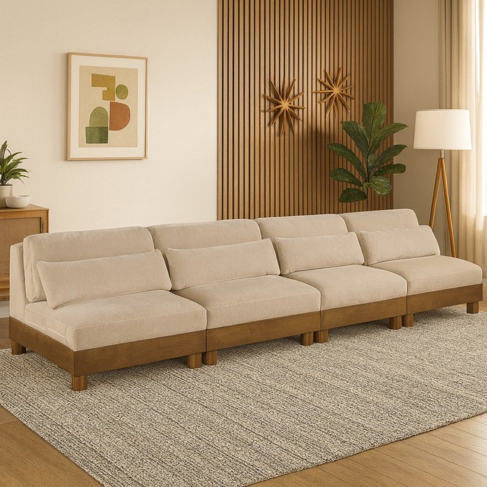 Meridian Furniture Turin Four Piece Modular Sectional Sofa in Plush Chenille with Walnut Legs 606Beige-S4B