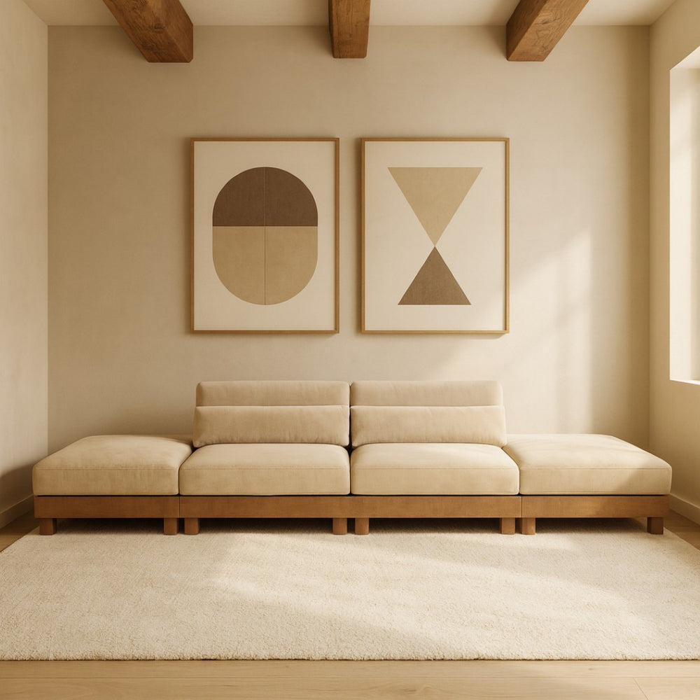 Meridian Furniture Turin Four Piece Modular Sofa Plush Chenille Upholstery Walnut Legs Art Deco Living 606Beige-S4C