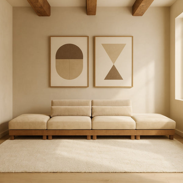 Meridian Furniture Turin Four Piece Modular Sofa Plush Chenille Upholstery Walnut Legs Art Deco Living 606Beige-S4C