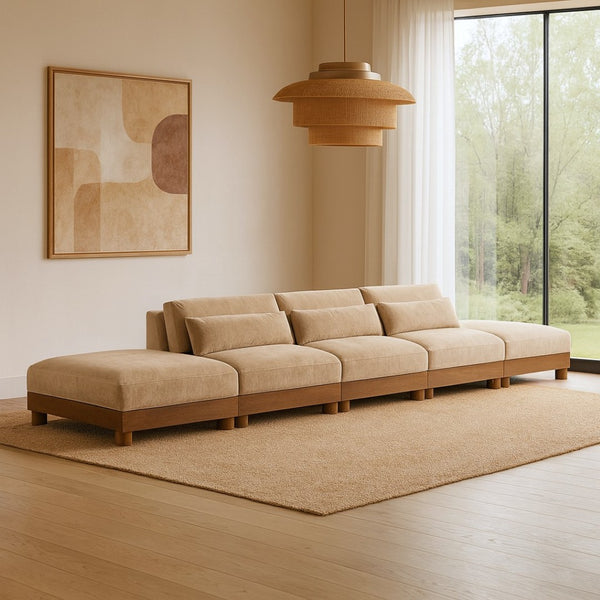 Meridian Furniture Turin Five Piece Modular Sofa Plush Chenille Art Deco Low Profile Living Room 606Beige-S5A