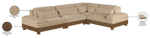 Meridian Furniture Turin Four Piece Modular Sectional Plush Chenille Upholstery Art Deco Living Room Sofa 606Beige-Sec4A