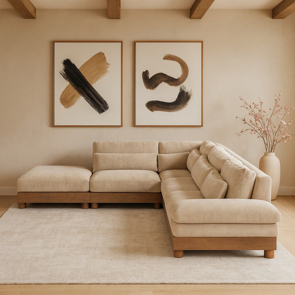 Meridian Furniture Turin Five Piece Modular Sectional Plush Chenille Upholstery Art Deco Living Room 606Beige-Sec5D