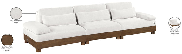 Meridian Furniture Turin Art Deco Modular Sofa Cream Chenille Plush Seating with Solid Walnut Wood Frame 606Cream-S3A